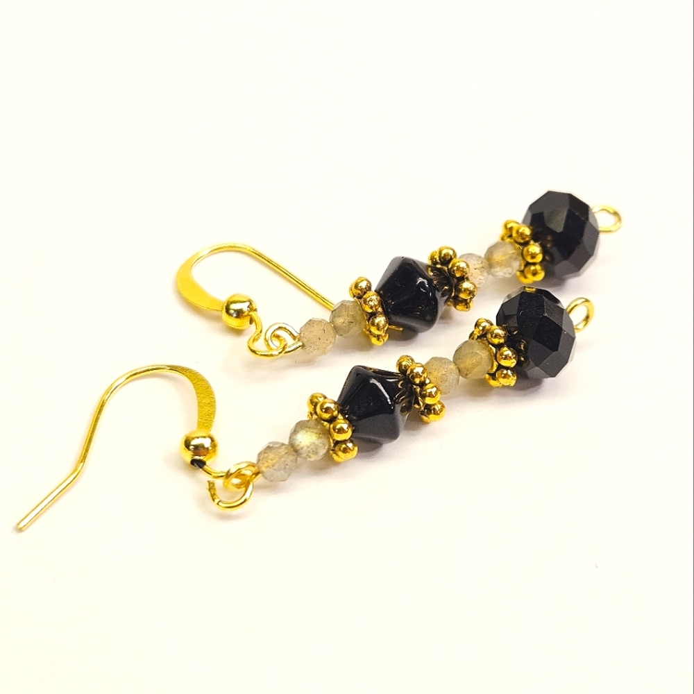 Handmade Labradorite and Black Faceted Glass Beaded Earrings - Picture 5 of 6